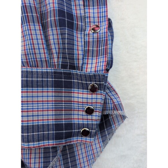 VTG H Bar C 14.5-33 Ranchwear Long Tail Pearl Snap Blue Plaid Shirt Western 70s - Picture 8 of 14